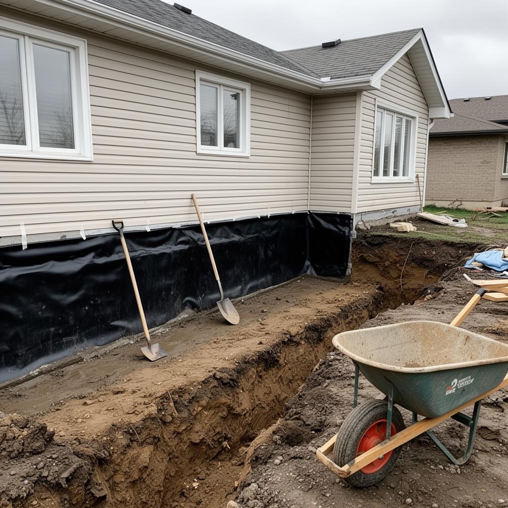 Exterior basement waterproofing excavation at a Markham home with rubberized membrane