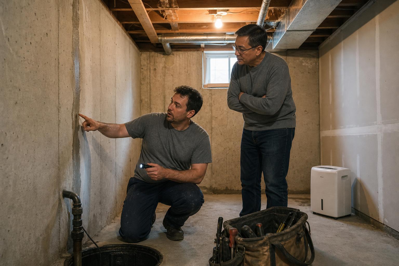 Local Markham waterproofing technician walking a homeowner through findings in their partially finished basement