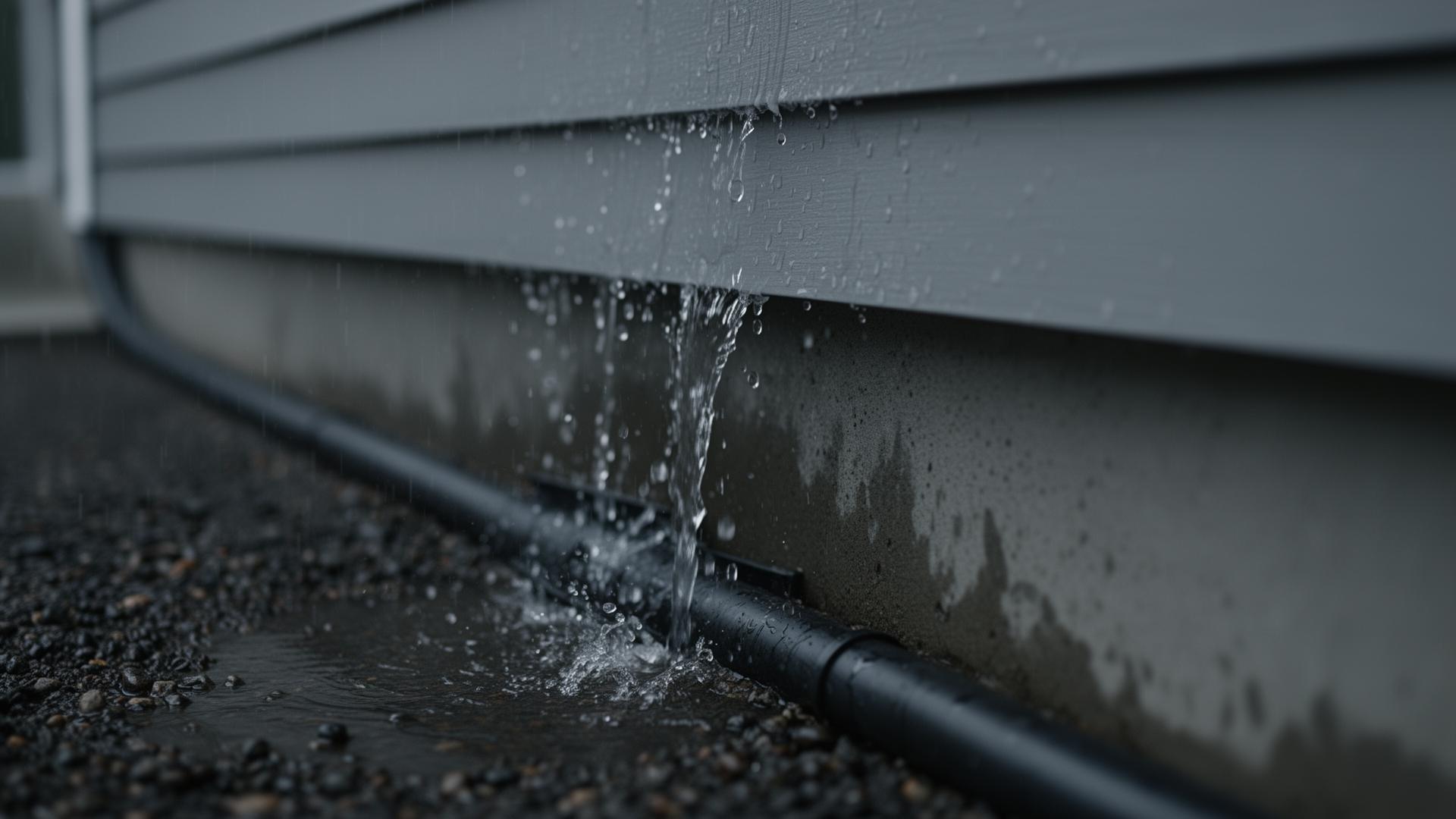 Rainwater running along a home foundation and drainage system
