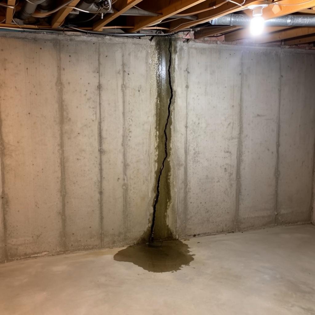 Moderate vertical foundation crack in a Markham basement wall with slight water seepage after heavy rain