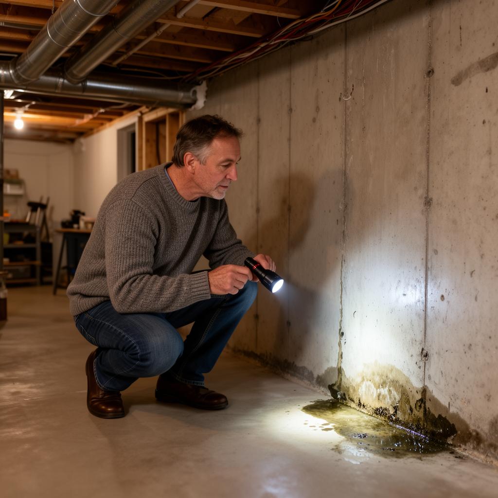 York Region homeowner inspecting a damp area at the base of a basement foundation wall with a flashlight