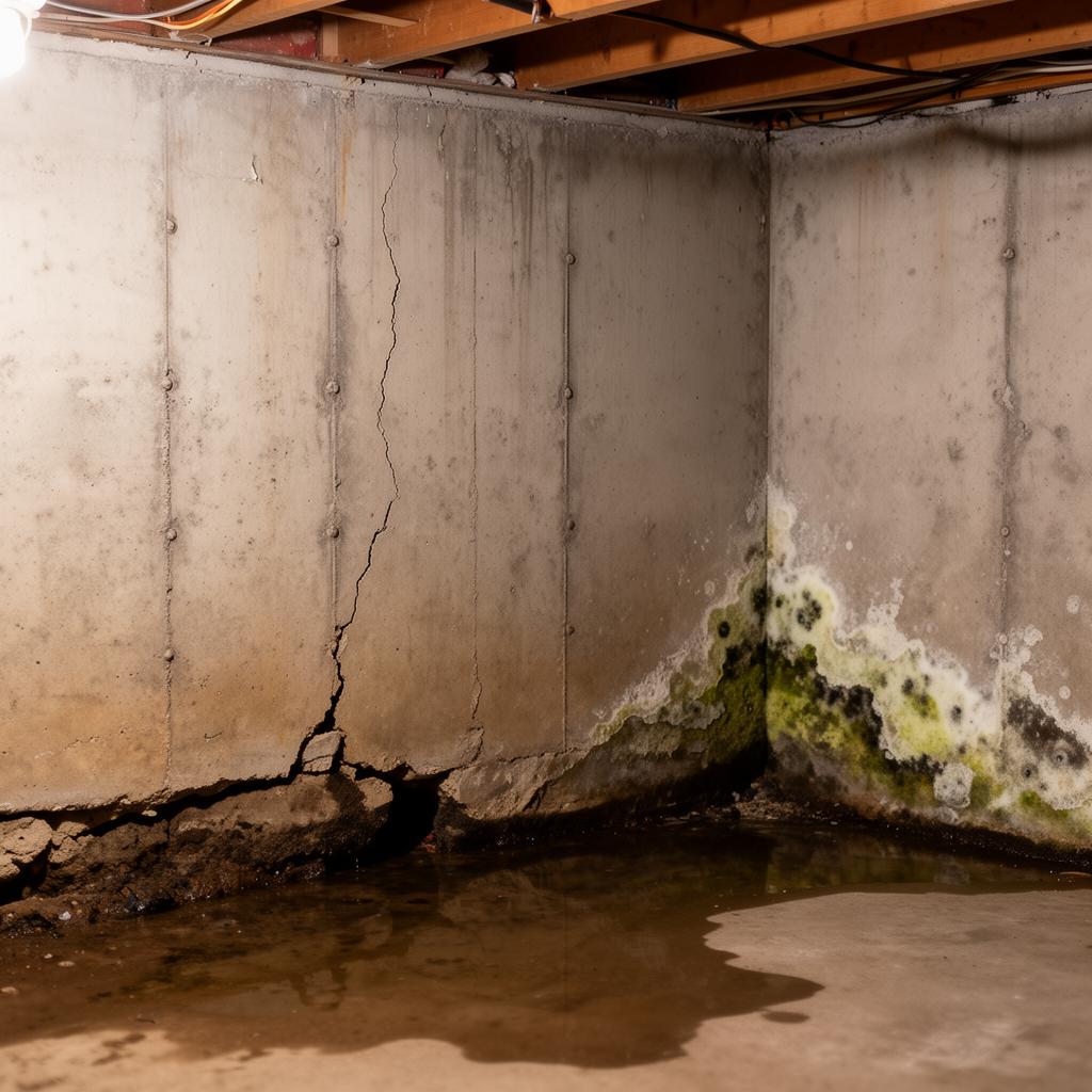 Mold growth on a damp basement wall