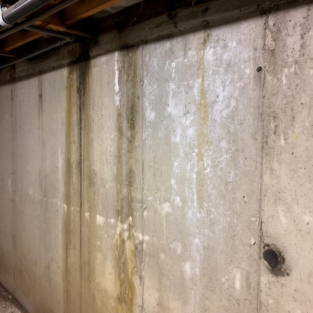 Close-up of a damp basement concrete wall with mild water staining and faint efflorescence