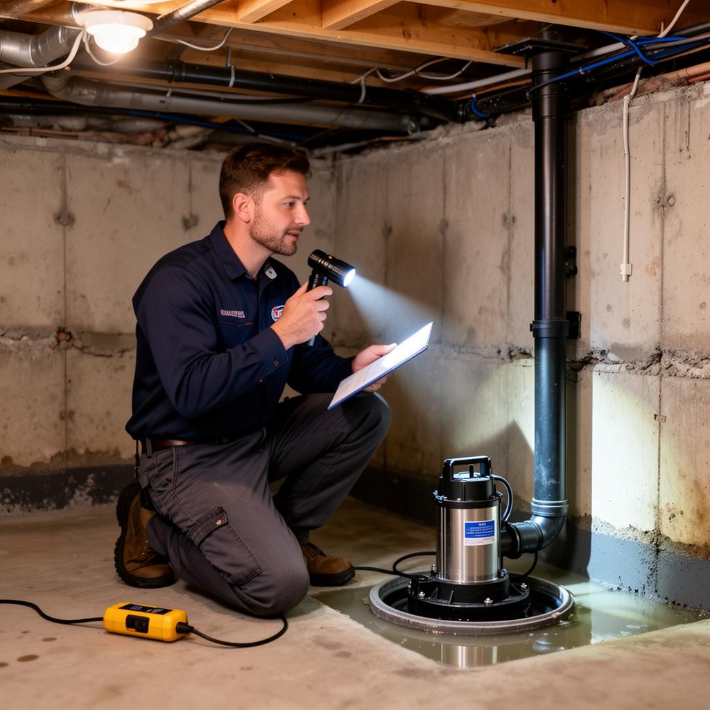 Technician walking through a finished basement waterproofing inspection