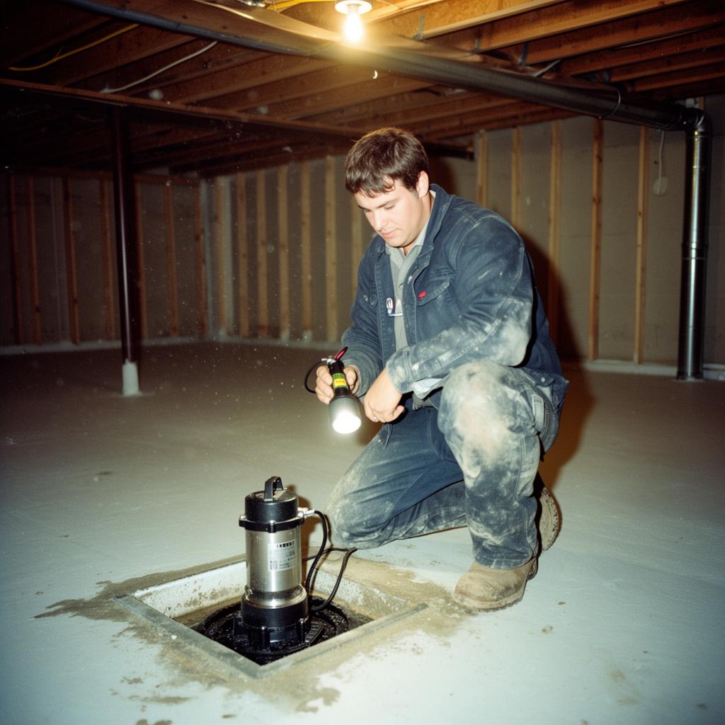 Local technician inspecting a sump pump in a Markham basement